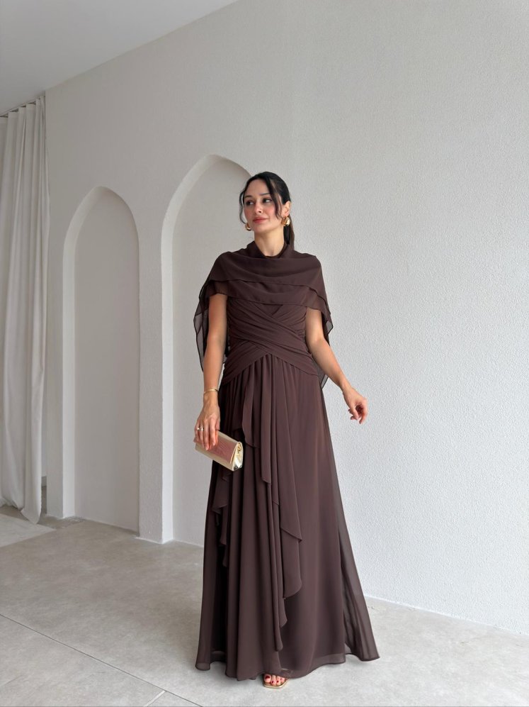 SOLİD Şallı Maxi Elbise 3678 - Acı Kahve - Mooi Butik