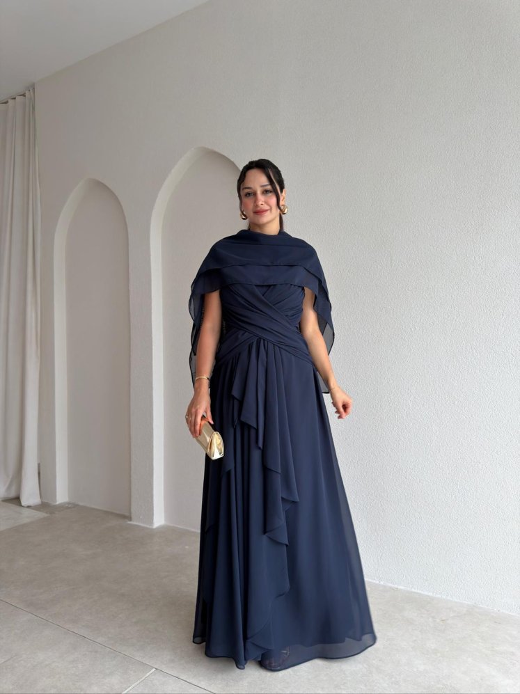SOLİD Şallı Maxi Elbise 3678 - Lacivert - Mooi Butik
