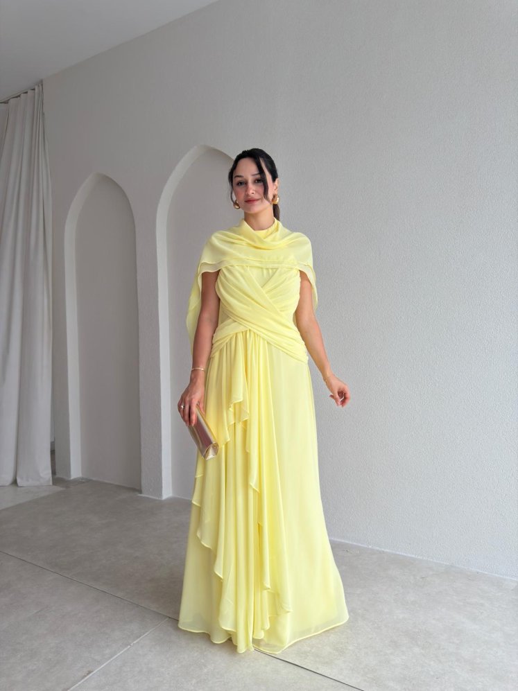 SOLİD Şallı Maxi Elbise 3678 - Sarı - Mooi Butik