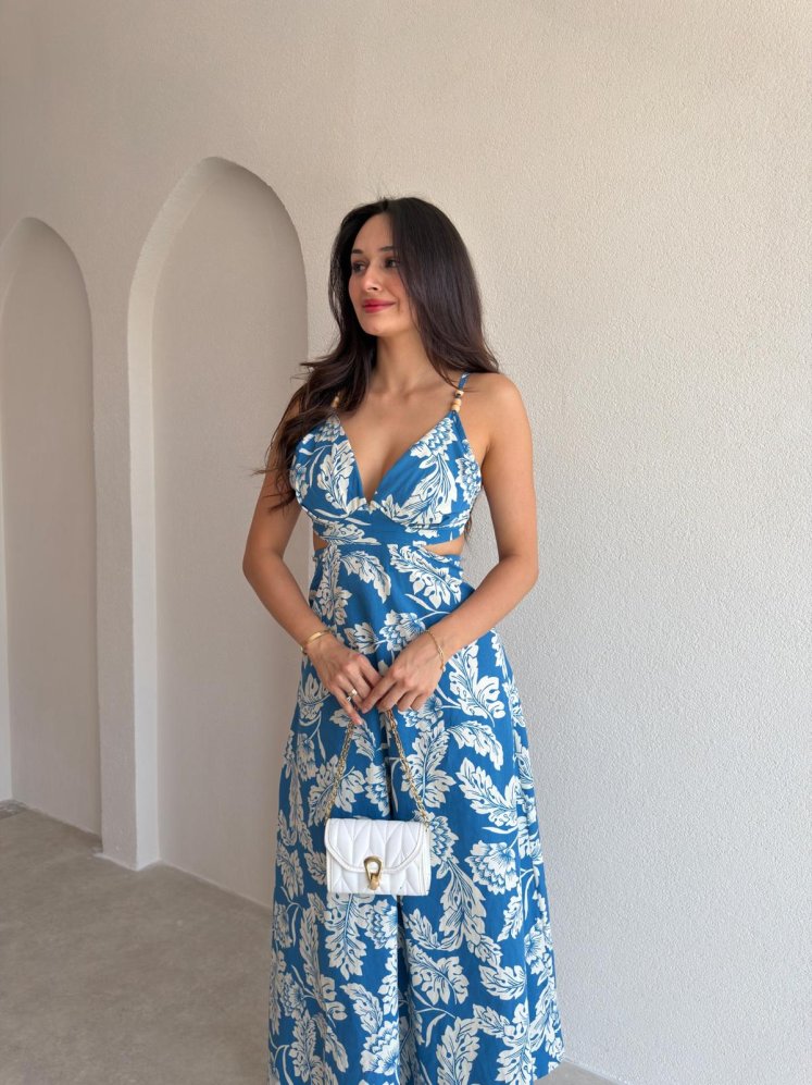 SOLONA Desenli Midi Elbise 3055 - Mavi - Mooi Butik