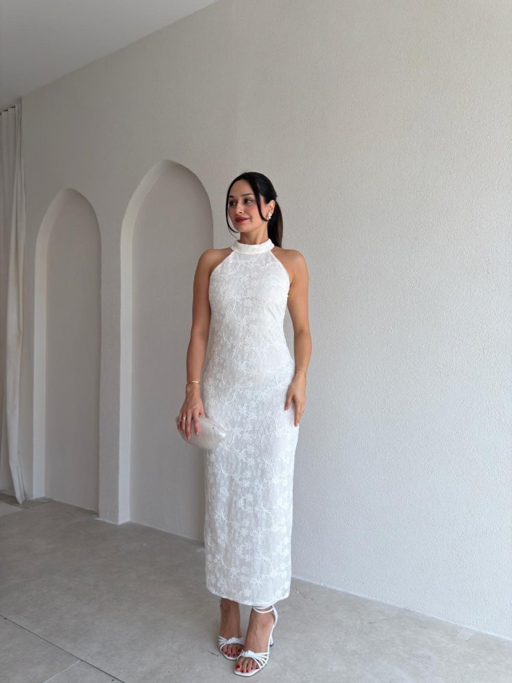 STANİS Halter Yaka Midi Elbise 0254 - Beyaz - Mooi Butik