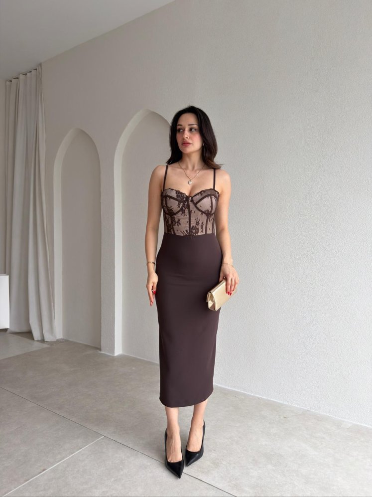 STEFAN Korseli Midi Elbise 9005 - Acı Kahve - Mooi Butik