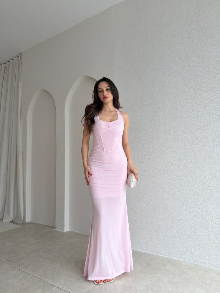 STRADA Korse Detaylı Maxi Elbise 4361 - Pembe - Mooi Butik