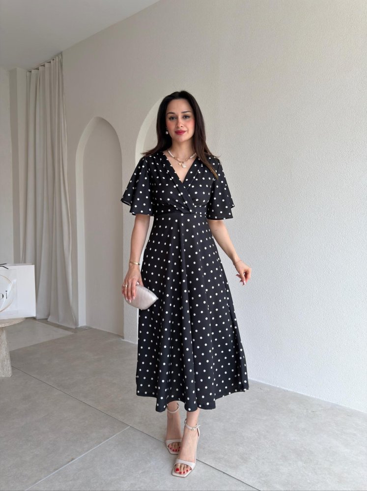 STRİPES Puantiyeli Midi Elbise 5522 - Siyah - Mooi Butik