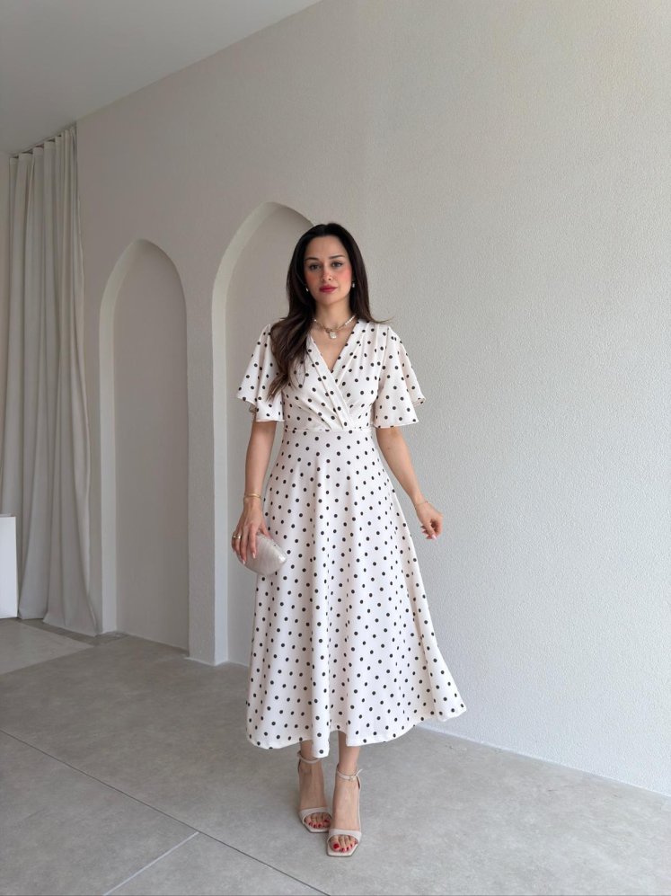 STRİPES Puantiyeli Midi Elbise 5522 - Krem Rengi - Mooi Butik