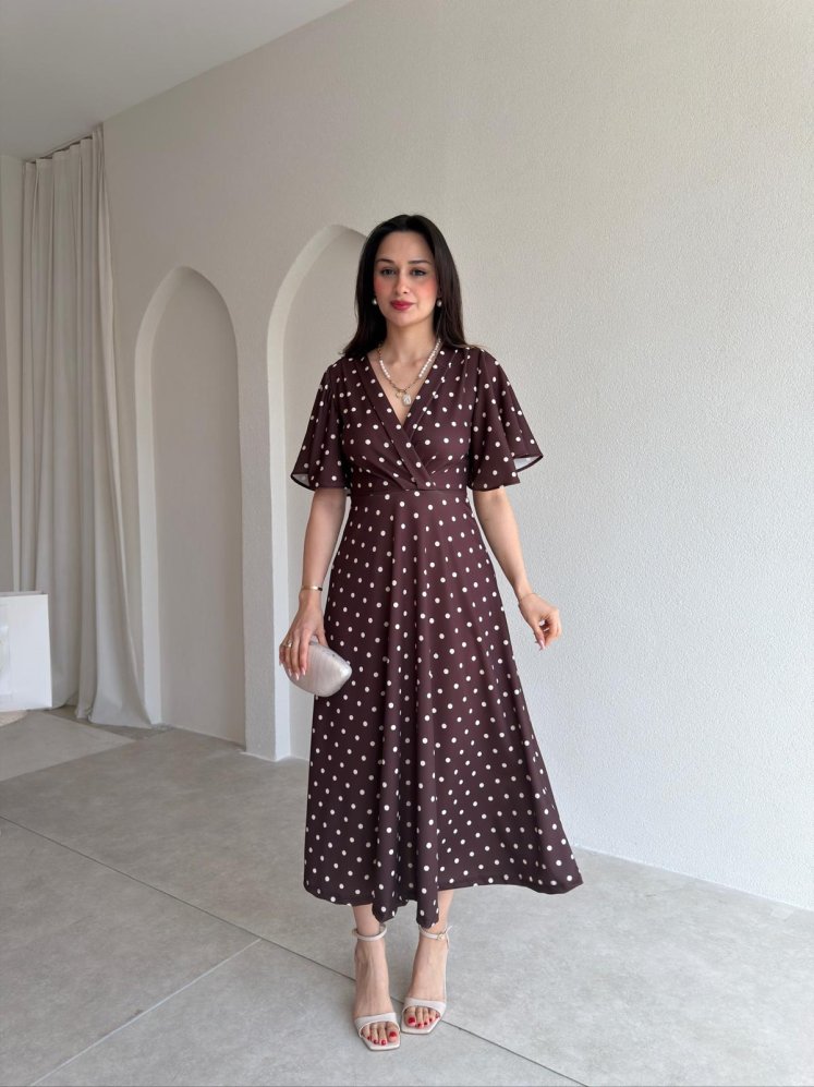 STRİPES Puantiyeli Midi Elbise 5522 - Acı Kahve - Mooi Butik