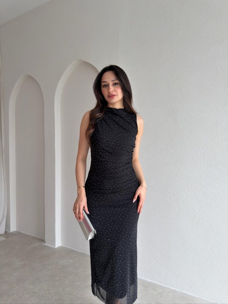 STUART Taşlı Midi Elbise 7473 - Siyah - Mooi Butik