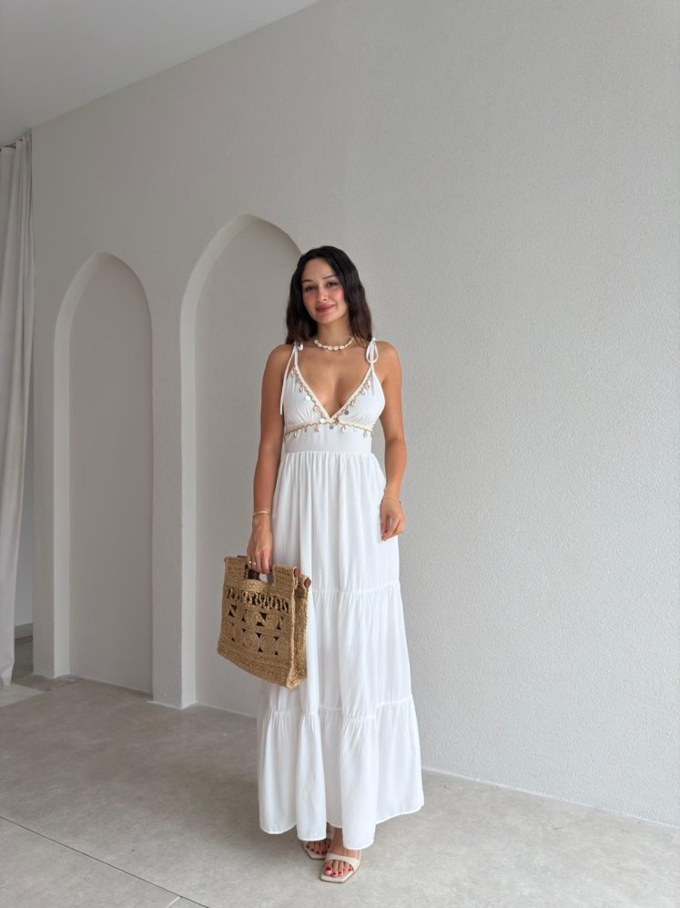 TACİTA Yaka Detaylı Maxi Elbise 3688 - Beyaz - Mooi Butik