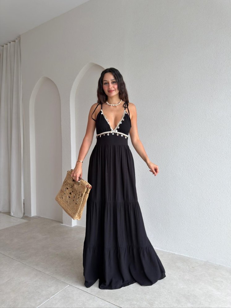 TACİTA Yaka Detaylı Maxi Elbise 3688 - Siyah - Mooi Butik