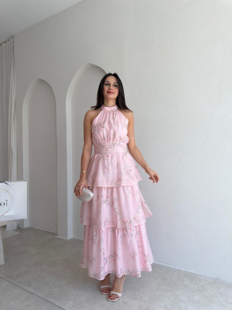 TAMMY Çiçek Desenli Midi Elbise 3016 - Pembe - Mooi Butik