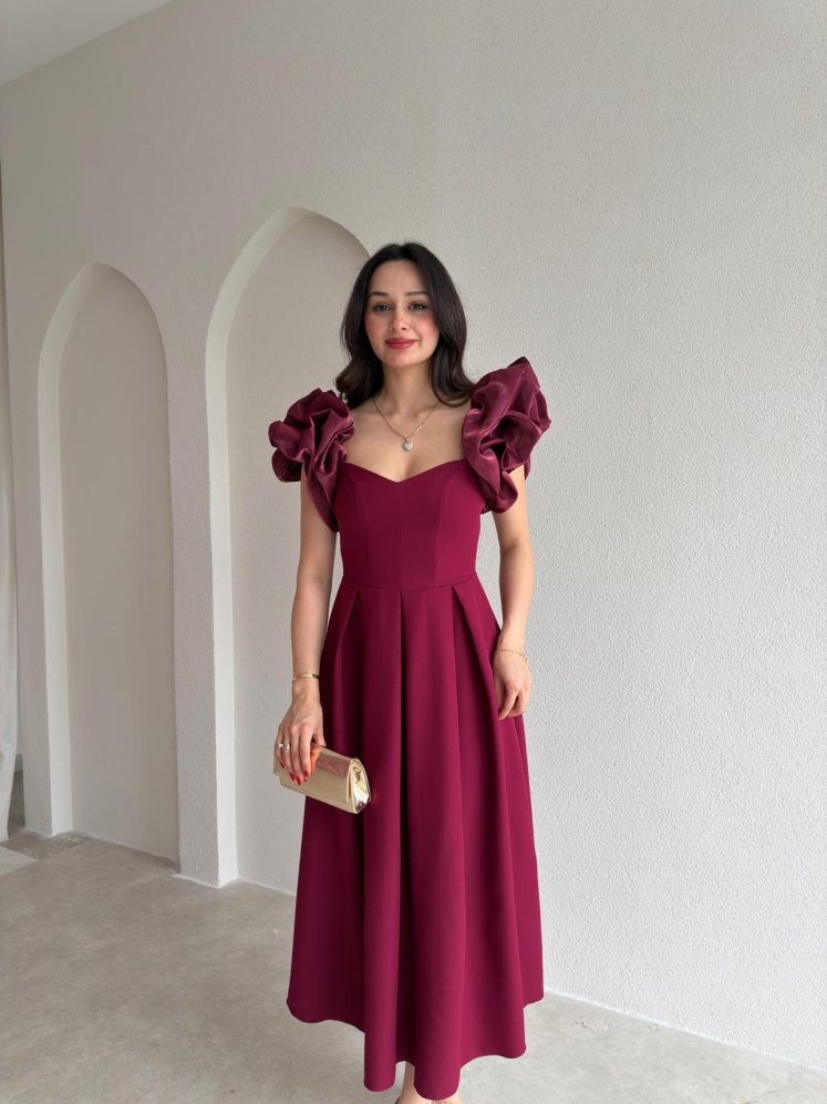 TARELLA Kolu Volanlı Midi Elbise 0287 - Bordo - Mooi Butik