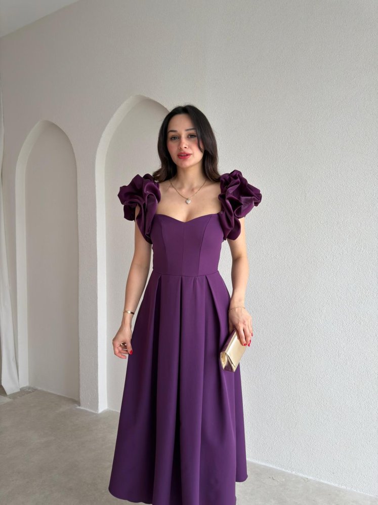 TARELLA Kolu Volanlı Midi Elbise 0287 - Mor - Mooi Butik