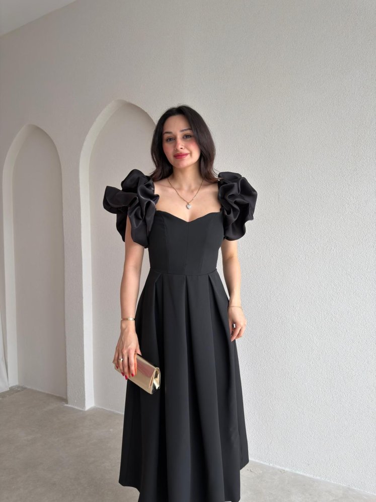 TARELLA Kolu Volanlı Midi Elbise 0287 - Siyah - Mooi Butik