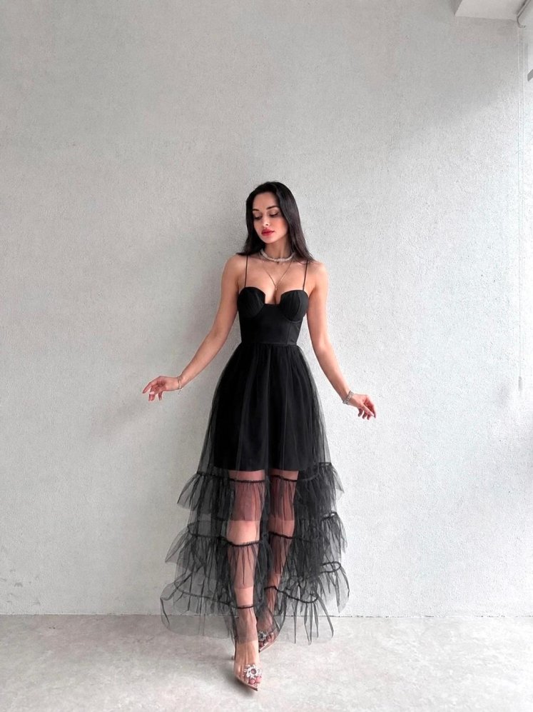 Tasarım Tül Detaylı LAWLESS Elbise - Siyah - Mooi Butik