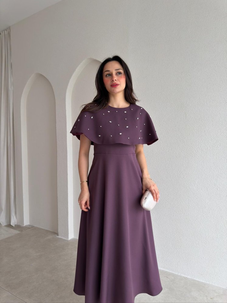TATE Taşlı Pelerinli Midi Elbise 4387 - Mor - Mooi Butik