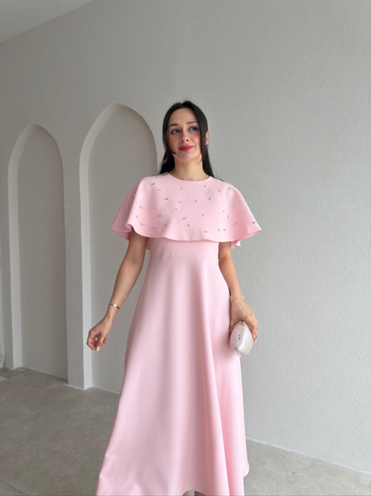 TATE Taşlı Pelerinli Midi Elbise 4387 - Pudra - Mooi Butik