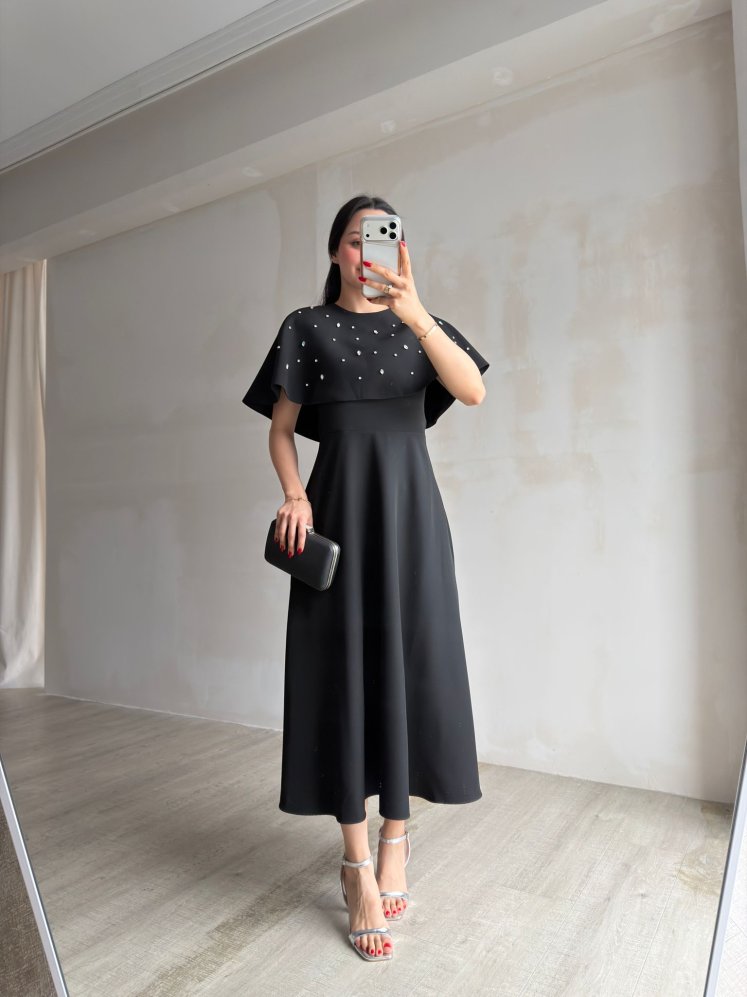 TATE Taşlı Pelerinli Midi Elbise 4387 - Siyah - Mooi Butik