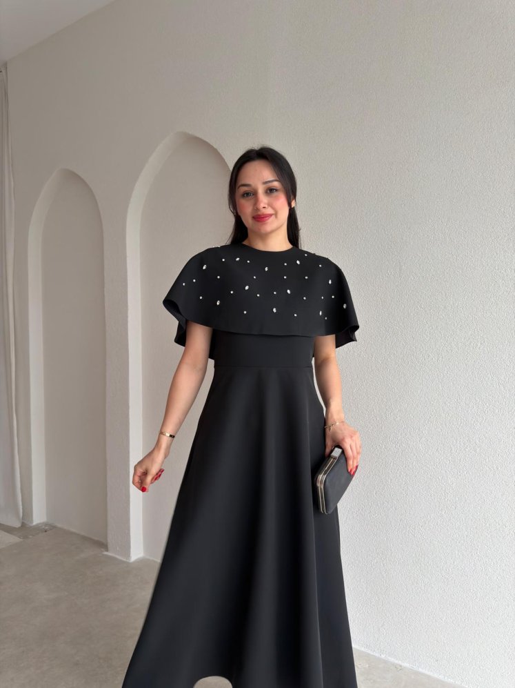 TATE Taşlı Pelerinli Midi Elbise 4387 - Siyah - Mooi Butik