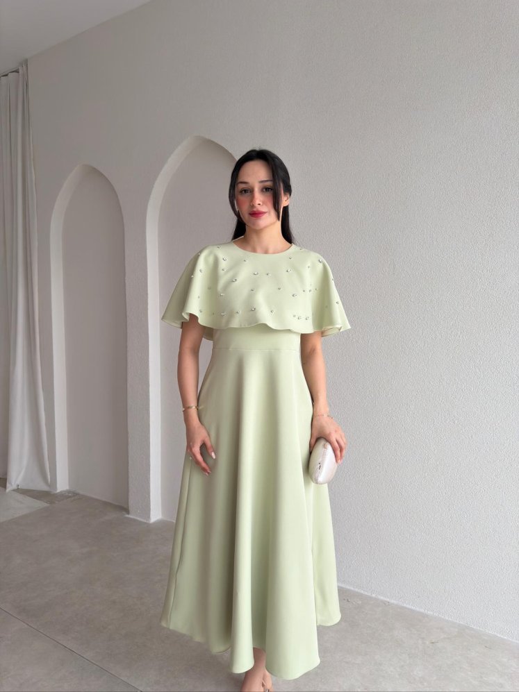TATE Taşlı Pelerinli Midi Elbise 4387 - Su Yeşili - Mooi Butik
