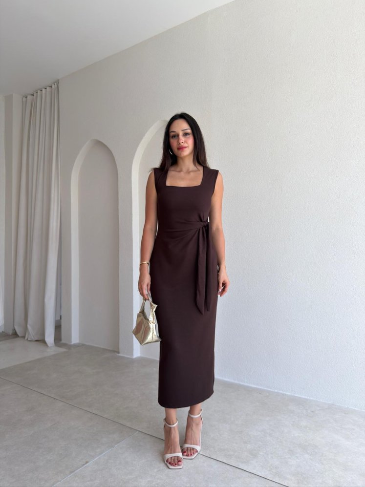 TERRİS Bağlama Detaylı Midi Elbise 8922 - Acı Kahve - Mooi Butik