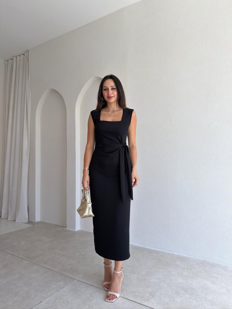 TERRİS Bağlama Detaylı Midi Elbise 8922 - Siyah - Mooi Butik