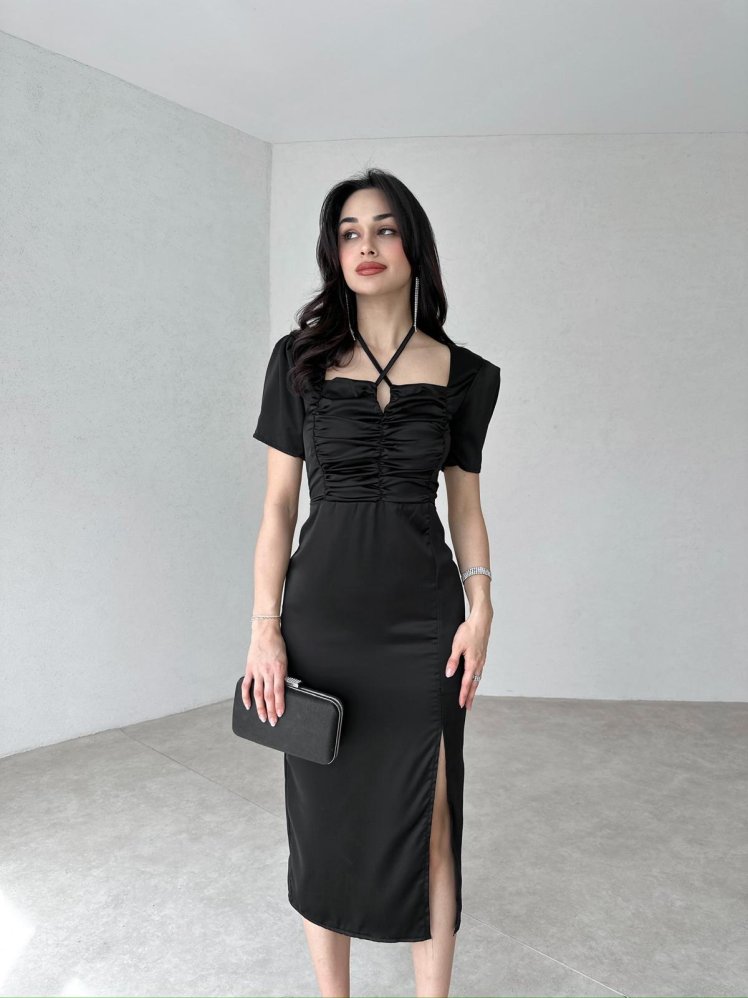 Tie Detailed POEMO Dress 2103 - Black - Mooi Butik