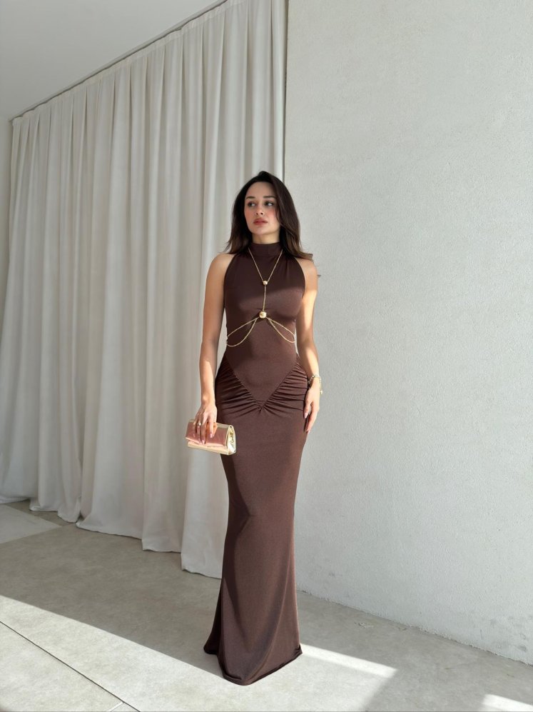 TOMY Aksesuarlı Maxi Elbise 1698 - Acı Kahve - Mooi Butik