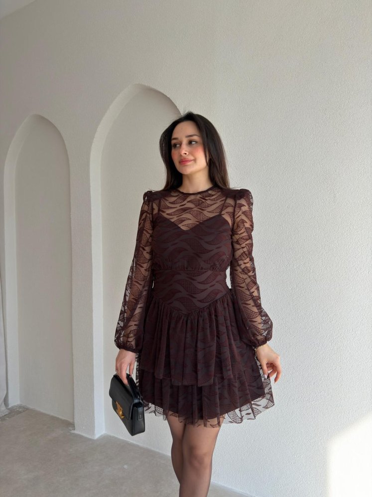 TRACY Dantelli Mini Elbise 9843 - Acı Kahve - Mooi Butik