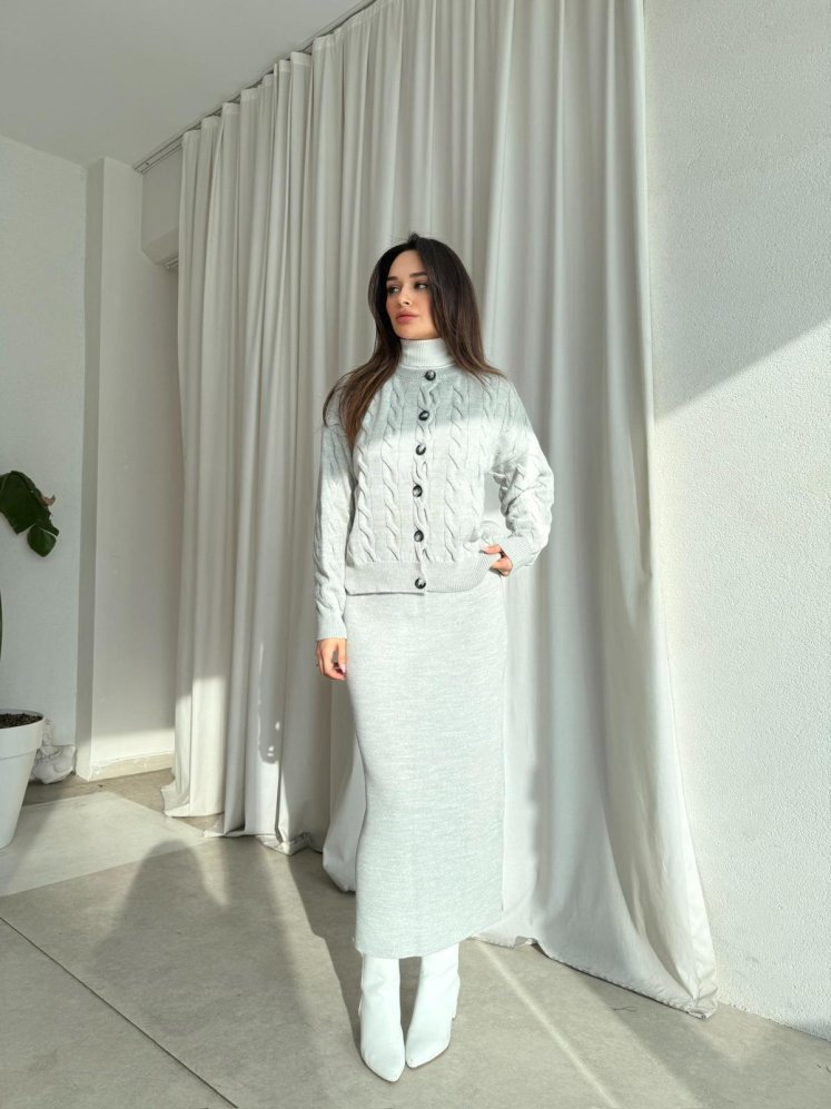 Triko Hırka Etek Takım 4912 - Gri - Mooi Butik