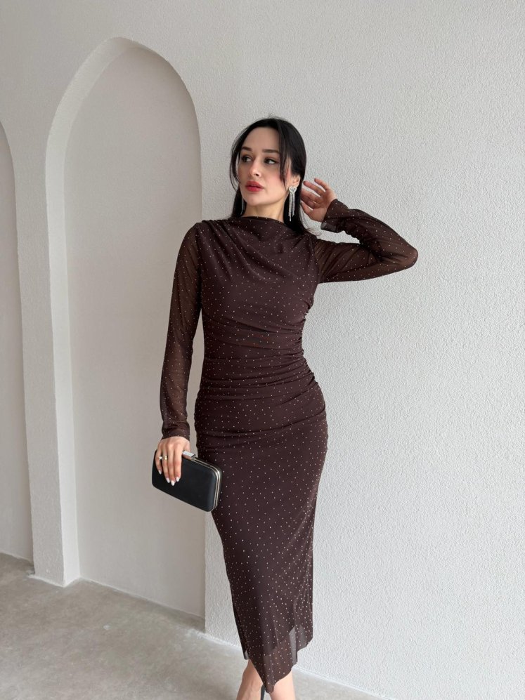 TROY Taşlı Midi Elbise 3882 - Acı Kahve - Mooi Butik