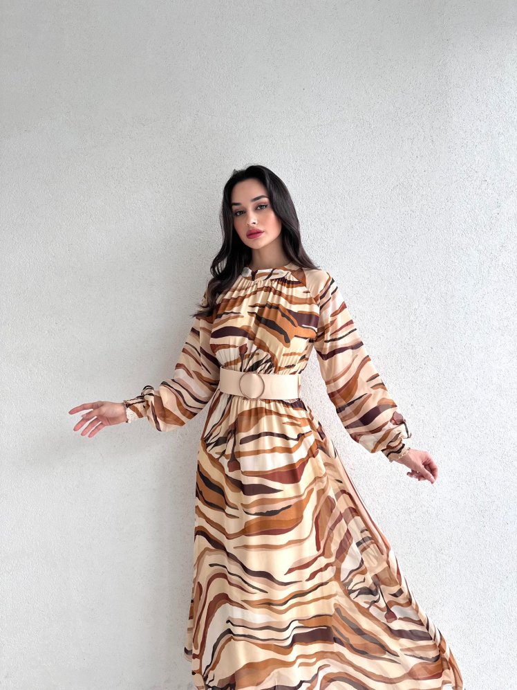 Tuval Tasarımlı Midi REYNOLD Elbise 3311 - Vizon - Mooi Butik