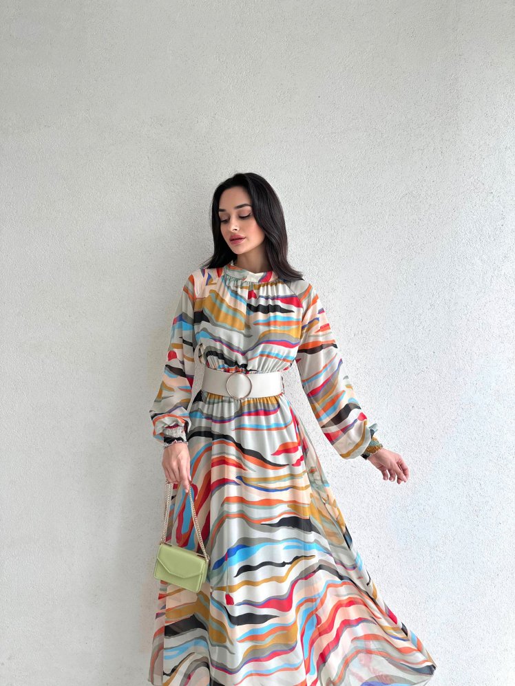 Tuval Tasarımlı Midi REYNOLD Elbise 3311 - Beyaz - Mooi Butik