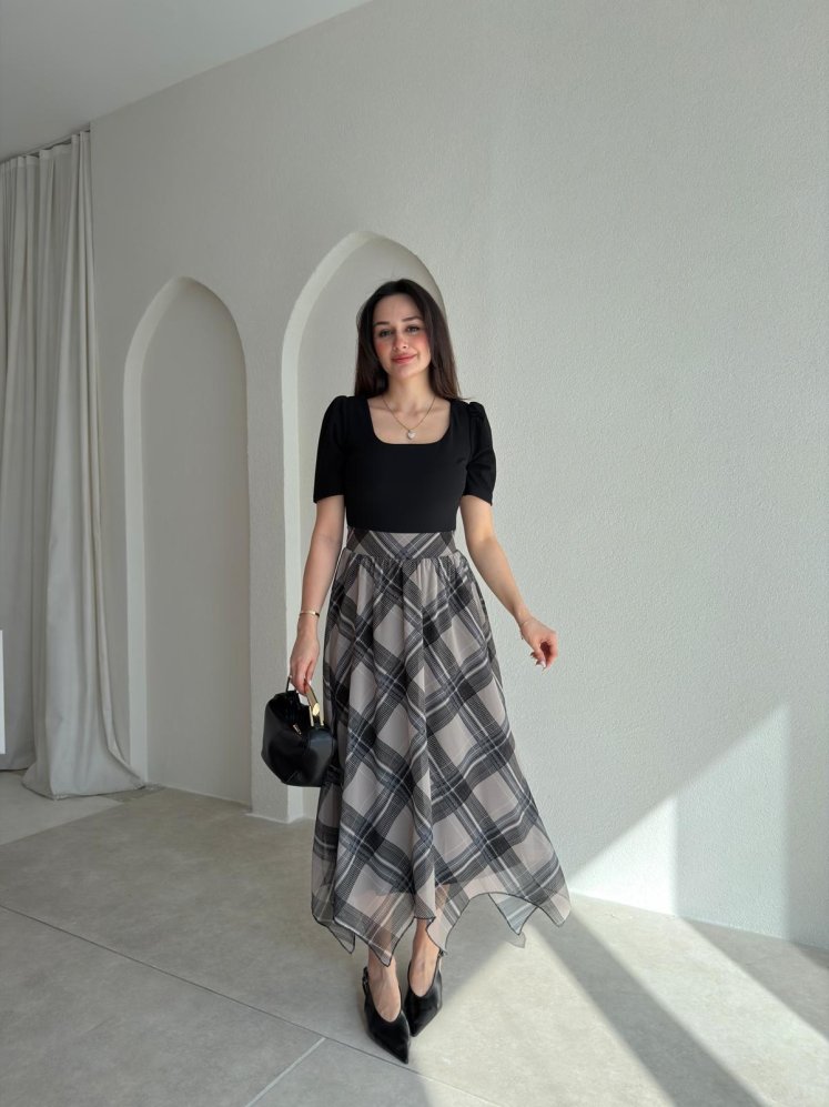 TWEED Ekose Detaylı Elbise 9070 - Gri - Mooi Butik