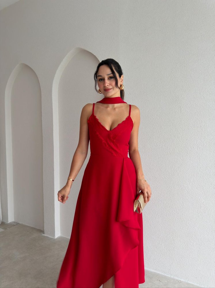 URSULA Dantel Detaylı Midi Elbise 3683 - Kırmızı - Mooi Butik