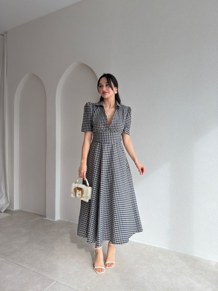 VALENCİA Ekoseli Midi Elbise 8996 - Kahverengi - Mooi Butik