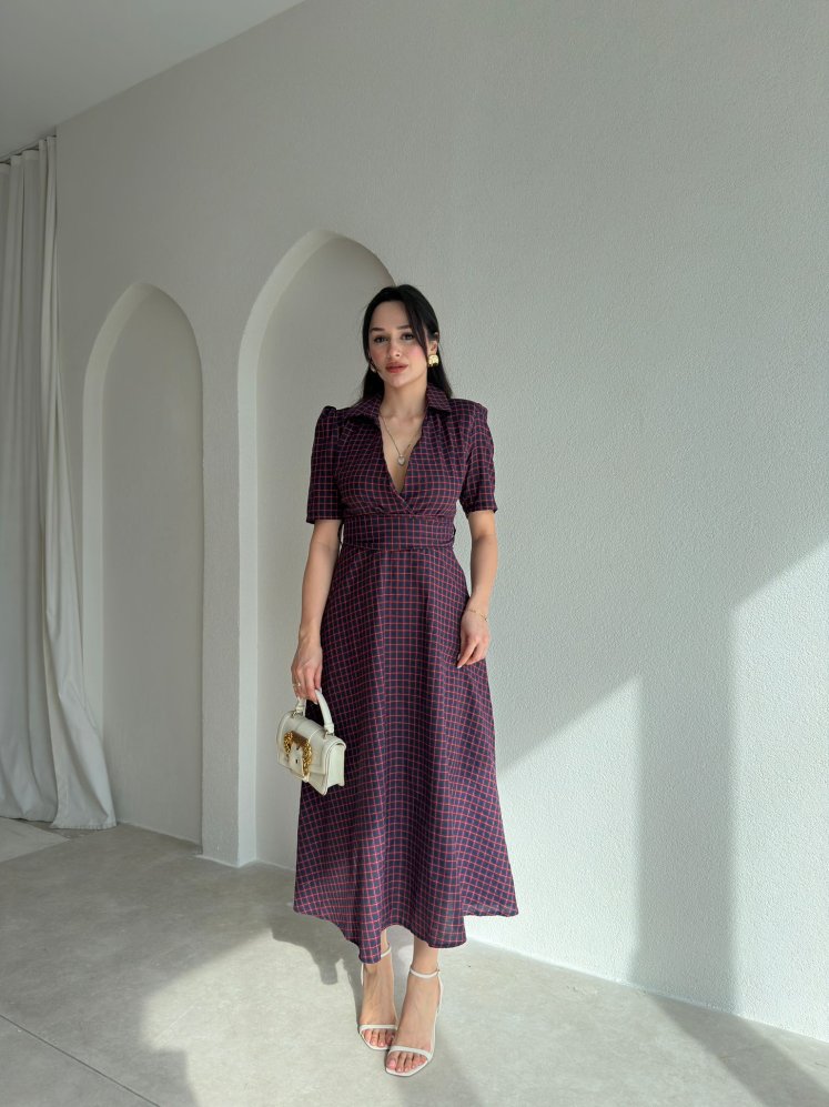 VALENCİA Ekoseli Midi Elbise 8996 - Mürdüm - Mooi Butik