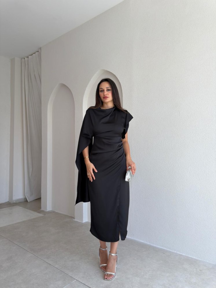 VELRA Saten Midi Elbise 3773 - Siyah - Mooi Butik