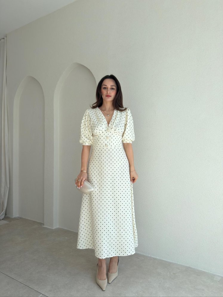 VEROS Puantiyeli Midi Elbise 3942 - Beyaz - Mooi Butik