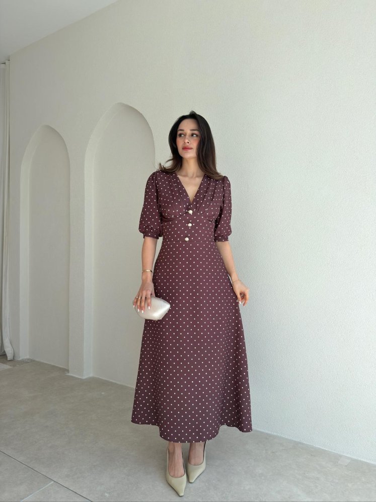 VEROS Puantiyeli Midi Elbise 3942 - Acı Kahve - Mooi Butik