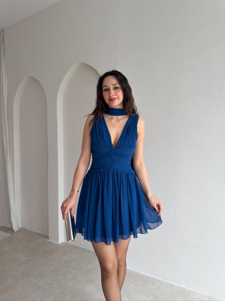 VİCTORİA Mini Elbise 0922 - Saks Mavi - Mooi Butik