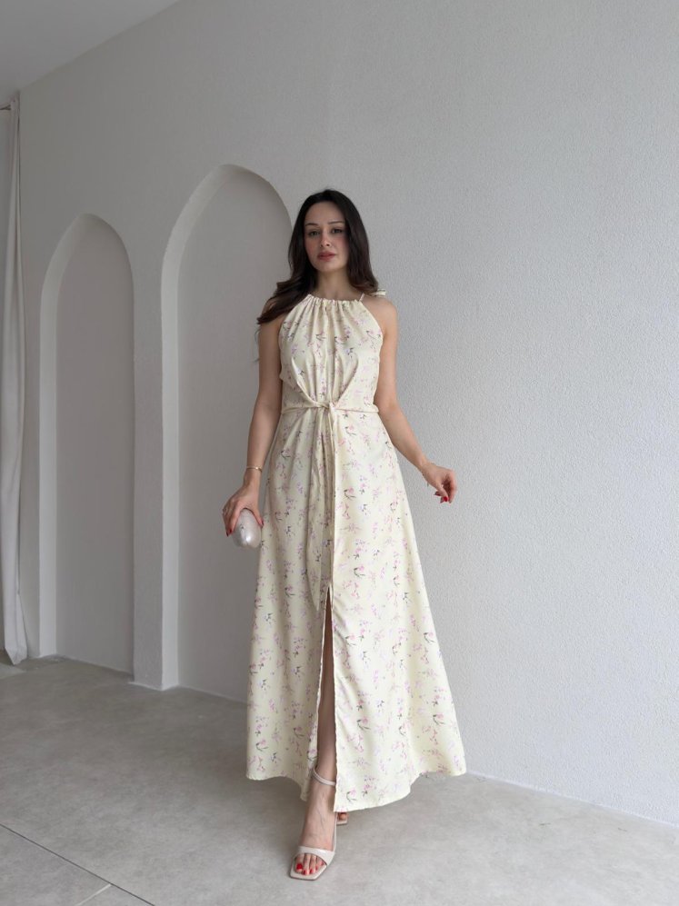 VİNO Bağlama Detaylı Çiçekli Elbise 4239 - Sarı - Mooi Butik