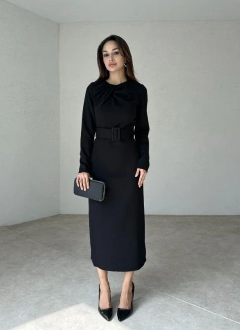 VİOLA Kemerli Midi Elbise 1009 - Siyah - Mooi Butik