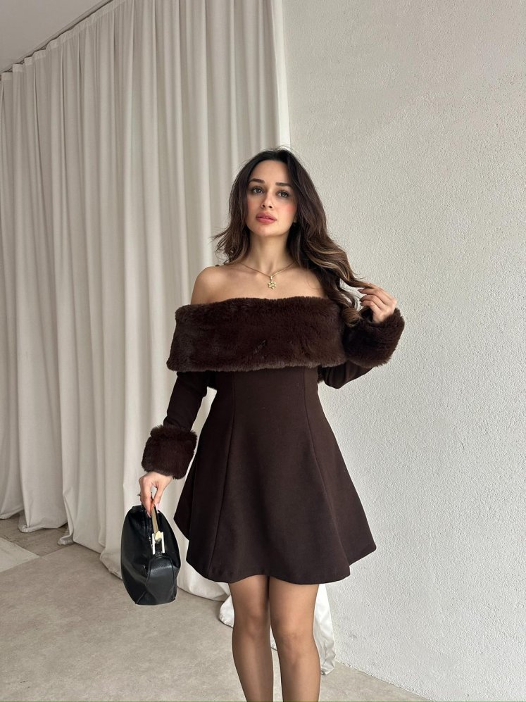 VİOLET Kürk Yaka Elbise 8706 - Acı Kahve - Mooi Butik