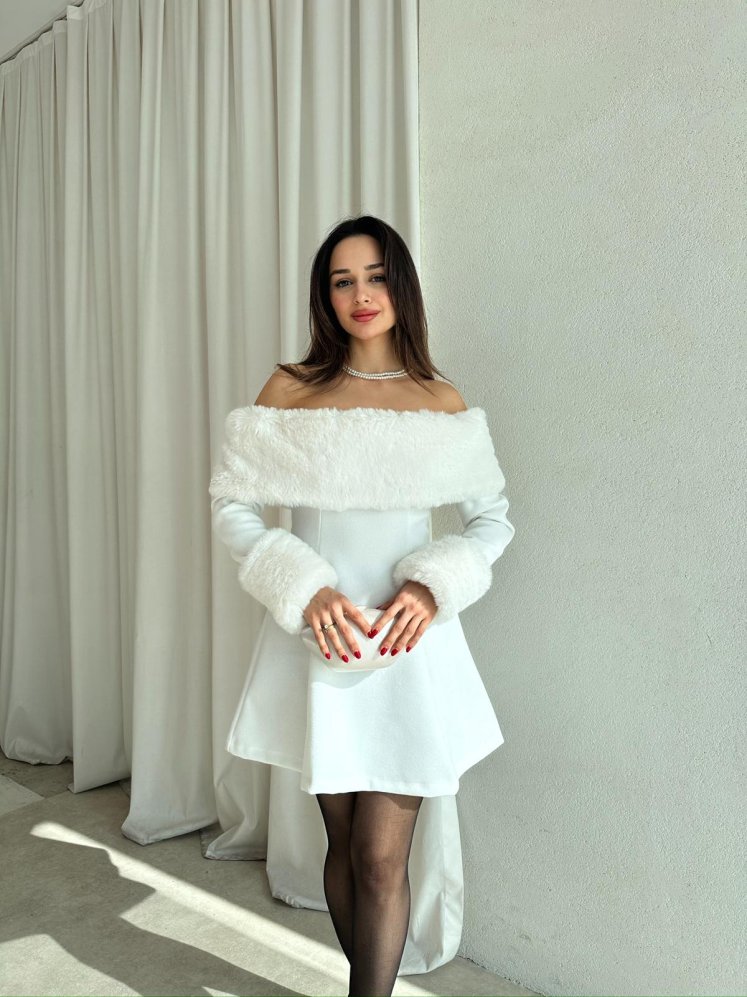 VİOLET Kürk Yaka Elbise 8706 - Beyaz - Mooi Butik