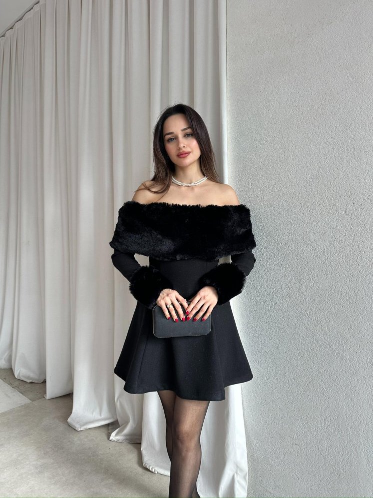 VİOLET Kürk Yaka Elbise 8706 - Siyah - Mooi Butik