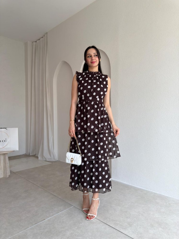 VONTE Puantiyeli Midi Elbise 5501 - Acı Kahve - Mooi Butik