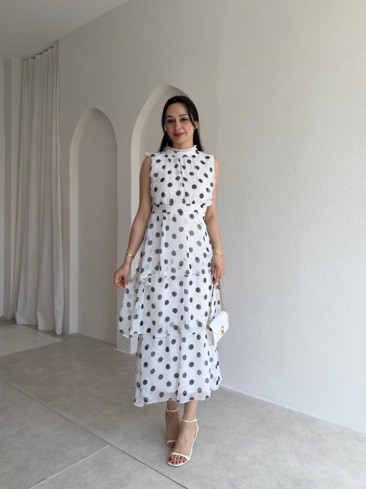 VONTE Puantiyeli Midi Elbise 5501 - Beyaz - Mooi Butik