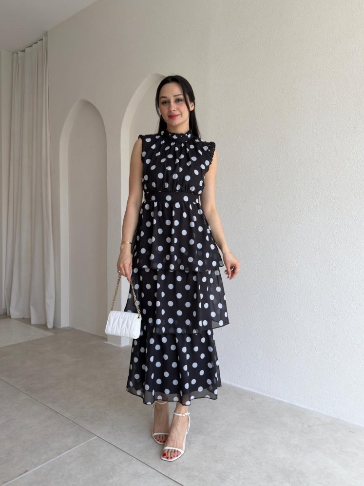 VONTE Puantiyeli Midi Elbise 5501 - Siyah - Mooi Butik
