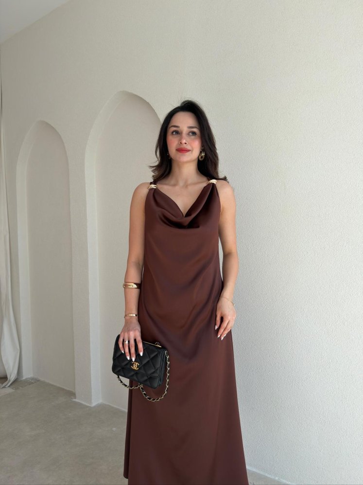 WALERY Omuz Tokalı Midi Elbise 9052 - Acı Kahve - Mooi Butik
