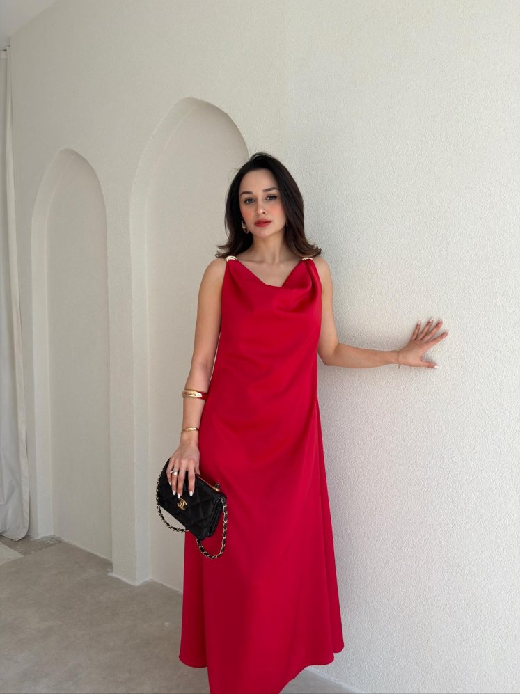 WALERY Omuz Tokalı Midi Elbise 9052 - Kırmızı - Mooi Butik
